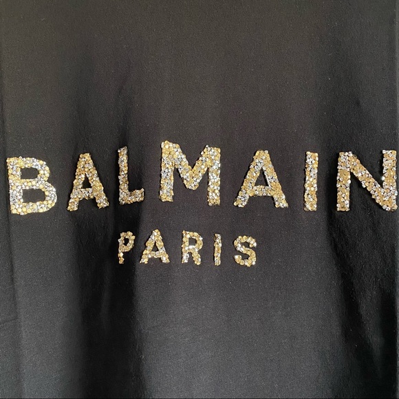 NWT BALMAIN black shirt with gold sequinned logo - Picture 5 of 10